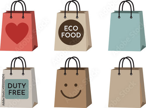 Shopping paper bag collection illustration, eco food and duty free retail packaging, colorful flat design isolated
