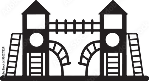 Black silhouette of a playground with two towers connected by a bridge and slides featuring ladders and circular openings