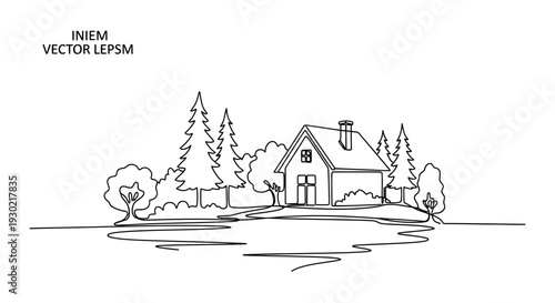 Minimalist House and Trees Line Art Drawing, Nature Landscape Vector Illustration