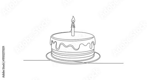 Minimalist single line drawing of a birthday cake with a lit candle, isolated on white background.