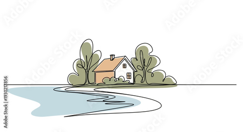Minimalist illustration of a house by the water with trees, simple line art, serene landscape