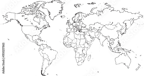 Printable Black and White World Map with Country Borders – High‑Resolution Vector