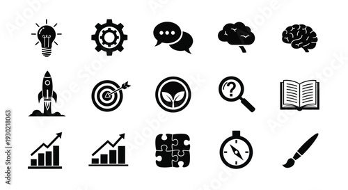 Collection of black icons representing ideas innovation and problem solving silhouette