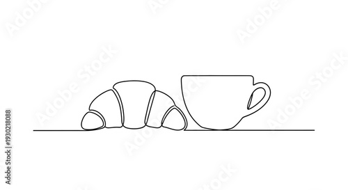 Minimalist Line Art: Croissant and Coffee Cup on White Background
