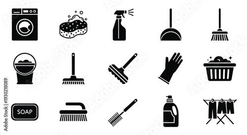 Black icons depicting cleaning supplies and household chores silhouette
