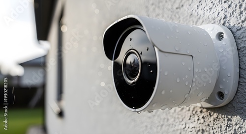 Modern Home Security Camera Mounted on Exterior Wall – Smart Home Surveillance and Protection Technology Concept in 4K