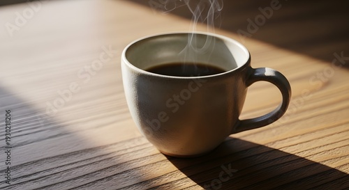 Ceramic Coffee Cup with Morning Sunlight on Rustic Wooden Table – Sustainable Lifestyle and Eco Friendly Café Concept in 4K