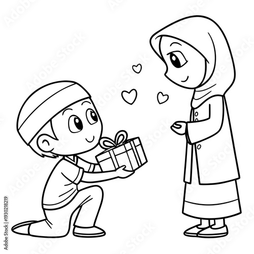 Simple cute chibi doodle line art vector, boy in koko shirt and girl in hijab exchanging small gift boxes tied with heart-shaped ribbons, minimal black line drawing on pure white background