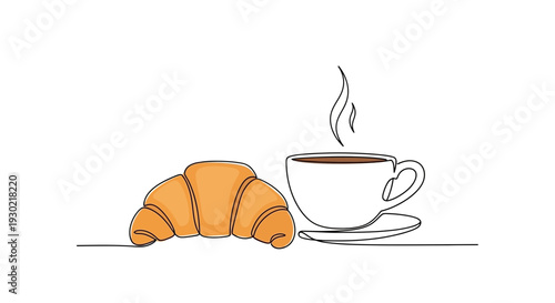 Minimalist Line Art Croissant and Coffee Cup with Steam