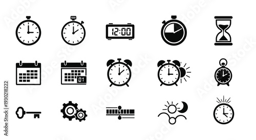Various timekeeping devices displayed as simple black silhouettes