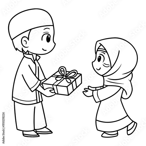 Simple cute chibi doodle line art vector, boy in koko shirt and girl in hijab exchanging small gift boxes tied with heart-shaped ribbons, minimal black line drawing on pure white background