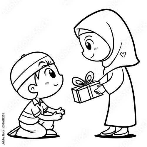 Simple cute chibi doodle line art vector, boy in koko shirt and girl in hijab exchanging small gift boxes tied with heart-shaped ribbons, minimal black line drawing on pure white background