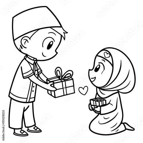 Simple cute chibi doodle line art vector, boy in koko shirt and girl in hijab exchanging small gift boxes tied with heart-shaped ribbons, minimal black line drawing on pure white background