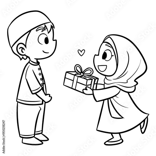 Simple cute chibi doodle line art vector, boy in koko shirt and girl in hijab exchanging small gift boxes tied with heart-shaped ribbons, minimal black line drawing on pure white background