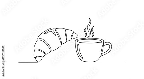 Minimalist Line Art: Croissant and Steaming Coffee Cup - Breakfast Icon