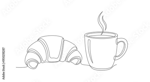 Minimalist Line Art: Croissant and Steaming Coffee Cup - Breakfast Icon