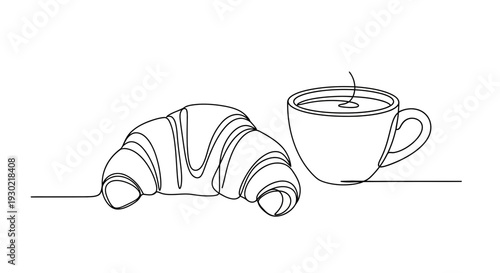 Minimalist line art drawing of a croissant and a cup of coffee, breakfast concept.