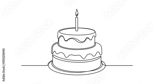Minimalist line art drawing of a two-tiered birthday cake with a single lit candle.