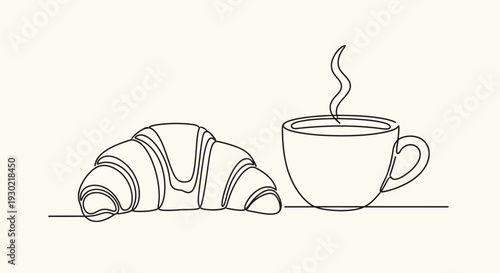 Minimalist line art drawing of a croissant and a steaming cup of coffee, breakfast concept.