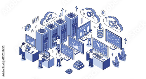 Data center facility with IT technicians working on server racks and monitoring network traffic and cloud computing systems isometrically.
