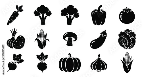 Collection of various vegetable icons in a dark silhouette