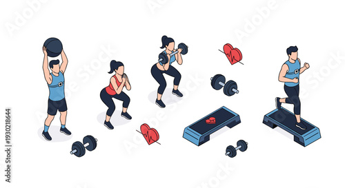Isometric fitness icons showing people doing various gym exercises like weightlifting running on a stepper and squats with dumbbells.