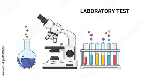 Laboratory test concept featuring a large microscope glass flasks with colorful liquids and test tubes in a rack for medical research.
