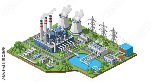 Nuclear power plant facility with cooling towers chimneys power lines and a water reservoir shown from an isometric perspective.