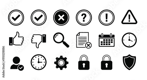 Collection of black icons depicting common symbols and actions silhouette