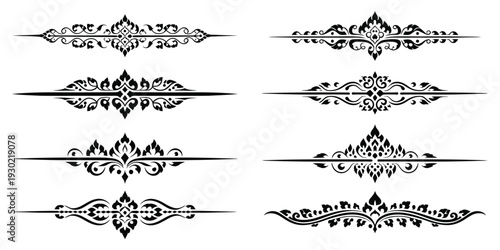 Set of Thai Decorative Borders and Dividers Featuring Traditional Kanok Art Line Ornaments, Elegant Cultural Vector Collection for Page Layout, Invitations, and Luxury Design