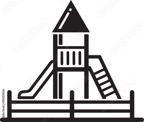 Childrens outdoor playground with a tall slide, ladder access, and a surrounding fence for safety illustration on a clear background