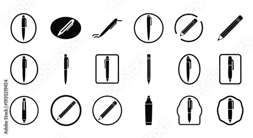 Collection of pen and pencil icons in a minimalist silhouette