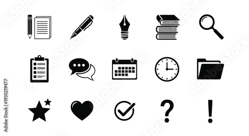 Black icons representing office tools and concepts a clean silhouette