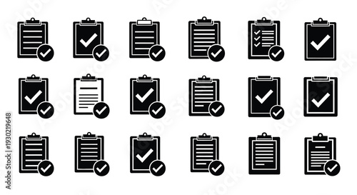 Collection of clipboard icons with checkmarks a minimalist silhouette