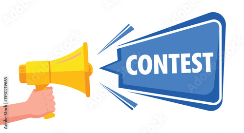 Bild auf Leinwand A yellow megaphone announces a contest with bold white text on a blue background
