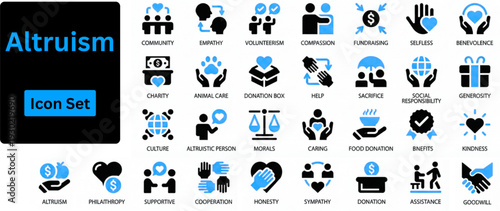 Altruism solid icon set contains charity, assistance, volunteerism, selfless, sympathy, compassion, kindness, selfless, benevolence and more. 
