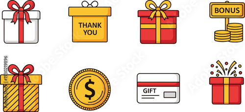 Gift box, thank you package, bonus coins and reward card icon set in flat vector shopping loyalty illustration style