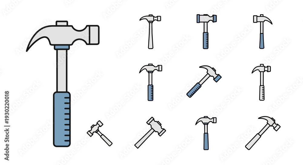 Fototapeta premium A set of various hammer icons in black and blue, including a large claw hammer, sledgehammers, and carpenter hammers, arranged in rows on a white background with a flat design style.