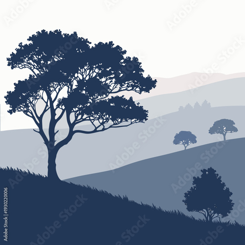 Peaceful Blue-Grey Hues Landscape Illustration with Elegant Tree on a Grassy Hill and Subtle Distant Mountains.