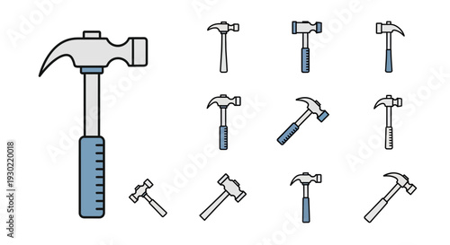 A set of various hammer icons in black and blue, including a large claw hammer, sledgehammers, and carpenter hammers, arranged in rows on a white background with a flat design style.