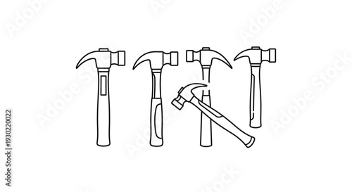 A set of five black silhouette hammer icons in various styles, including claw hammer, sledgehammer, and carpenter hammer, arranged horizontally with a minimalist flat design on a white