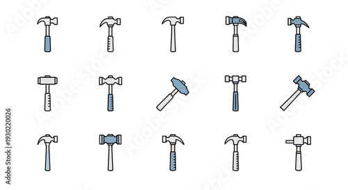 A collection of various hammer icons in black and blue, featuring claw hammers, sledgehammers, and carpenter hammers in a flat design with a minimal style on a white background.