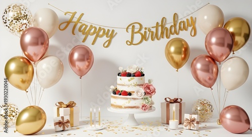 A festive birthday celebration scene with a cake and balloons