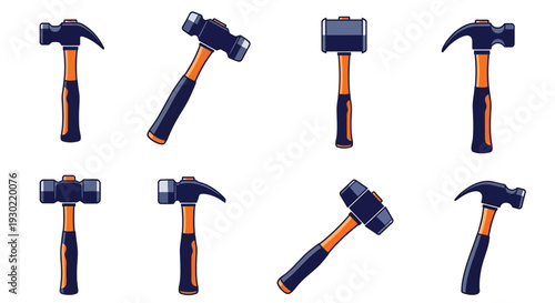 A set of seven black and orange hammers in various positions, including claw hammer, sledgehammer, and carpenter hammer, against a clean white background in a flat design style.