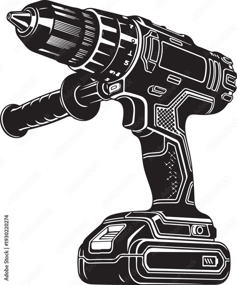 Obraz premium Cordless power drill, electric tool, modern construction equipment, battery powered, industrial, workshop, black and white silhouette, isolated on transparent background