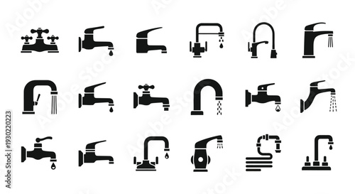 Various faucet designs arranged in a grid black silhouette