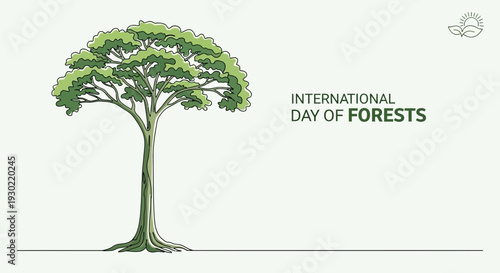 International Day of Forests illustration: single green tree with lush canopy on light background