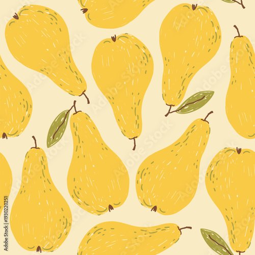 Seamless modern summer pattern with fruits: pear on a light yellow background; drawing, simple cute vector illustration, hand-drawn with brush strokes in a flat style