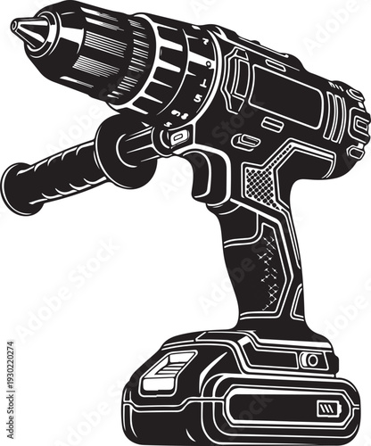 Cordless power drill, electric tool, modern construction equipment, battery powered, industrial, workshop, black and white silhouette, isolated on transparent background