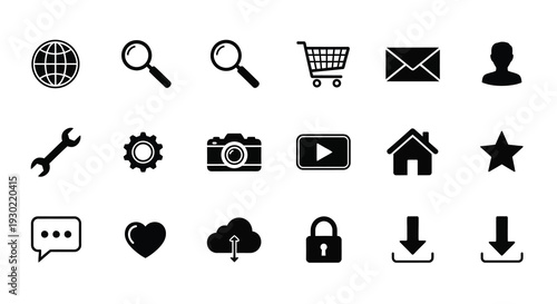 Collection of black icons depicting technology and communication silhouette